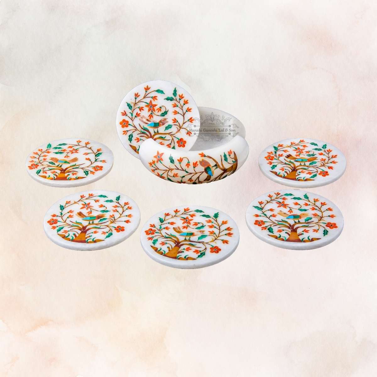 Orange & Green Flower Carved Design Marble Coaster